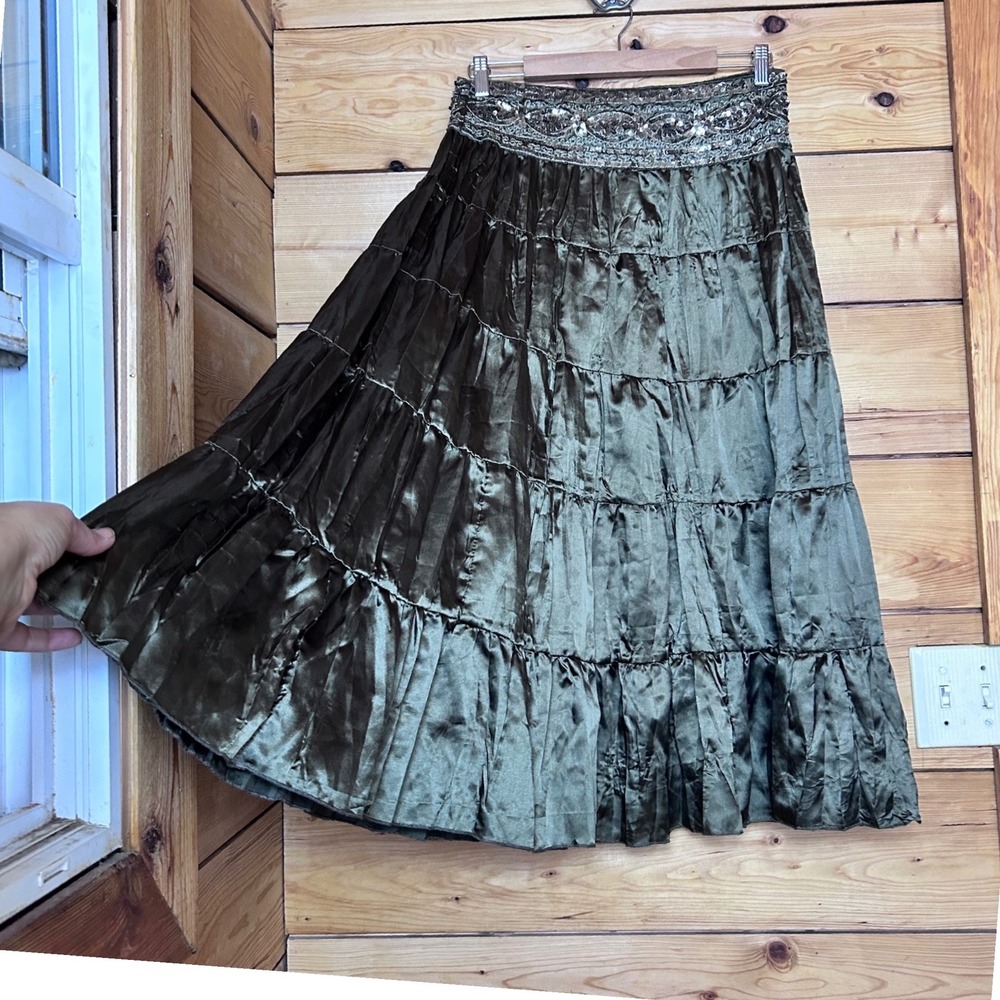 Vintage Tiered Maxi Skirt Women Medium Olive Green Satin Beaded Y2K Mariposa